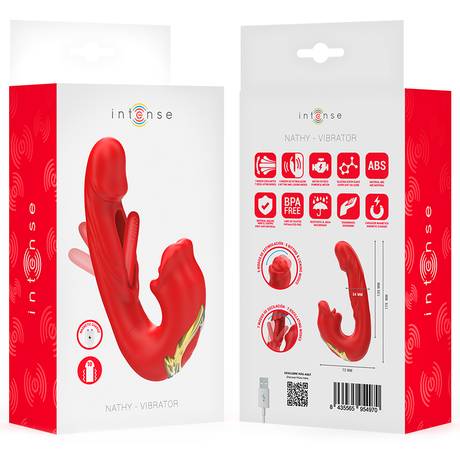 INTENSE - NATHY DOUBLE VIBRATEUR AVEC BOUCHE STIMULANTE MULTIFONCTION ROUGE