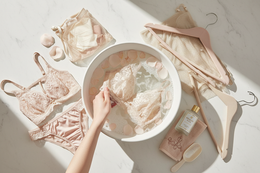 Lavage délicat lingerie dentelle luxe à la main dans bassine, entretien professionnel