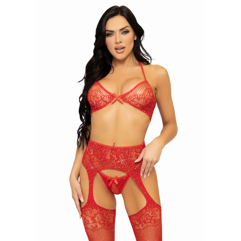 LEG AVENUE - ENSEMBLE TROIS PIÈCES SOUTIEN-GORGE, STRING ET BAS TAILLE UNIQUE - NOIR