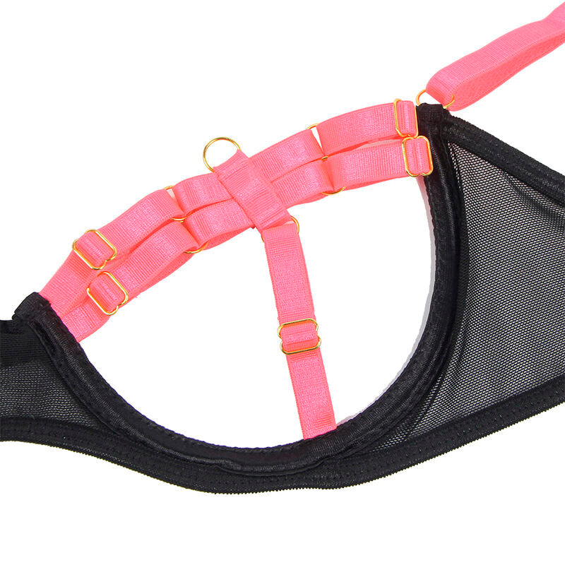 Ensemble Lingerie Sexy Rose Fluo - Soutien-Gorge avec Collier et Détails Jambes L/XL