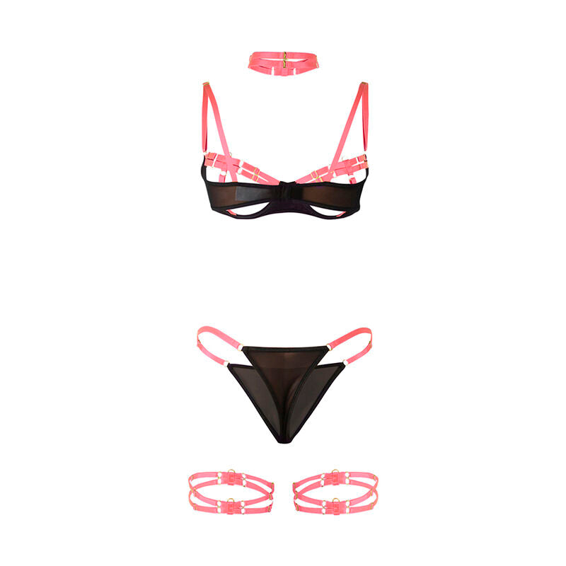 Ensemble Lingerie Sexy Rose Fluo - Soutien-Gorge avec Collier et Détails Jambes L/XL