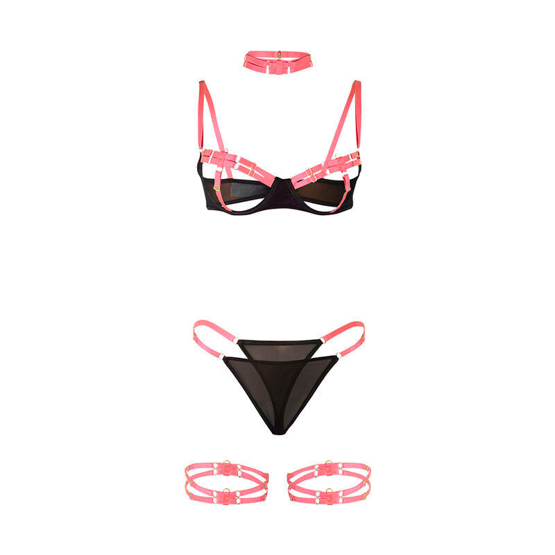 Ensemble Lingerie Sexy Rose Fluo - Soutien-Gorge avec Collier et Détails Jambes L/XL